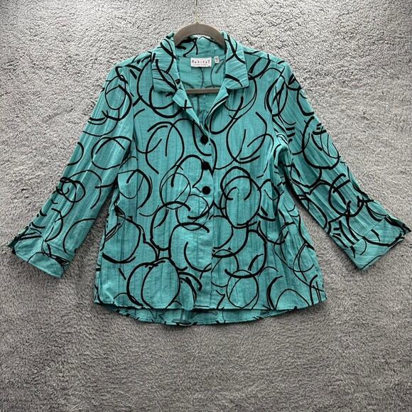 Habitat Clothes to Live in XS Blue Blouse Black Pattern Pleats in Back Buttons - Picture 1 of 11